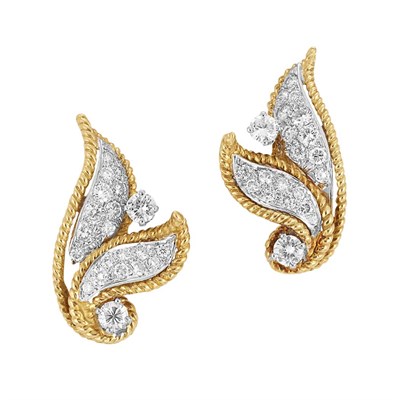 Lot 195 - Pair of Gold and Diamond Leaf Earclips, Hammerman Bros.