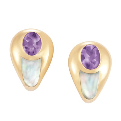 Lot 14 - Pair of Gold, Amethyst and Mother-of-Pearl Earclips, Mauboussin