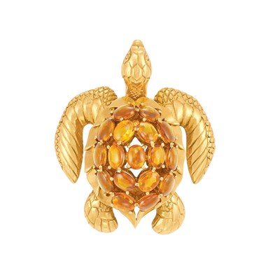 Lot 61 - Gold and Cabochon Citrine Turtle Clip-Brooch