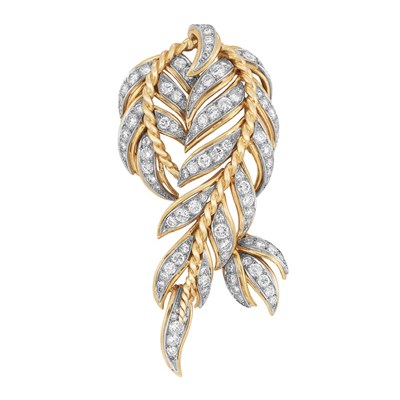 Lot 193 - Gold, Platinum and Diamond Leaf Clip-Brooch