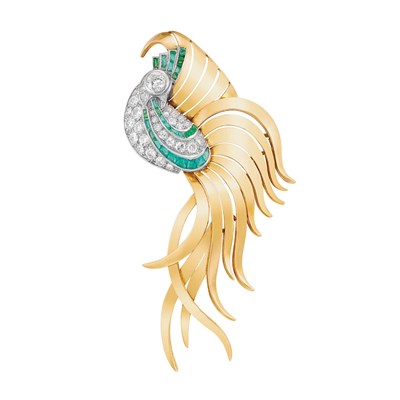Lot 488 - Gold, Platinum, Diamond and Simulated Emerald Bird of Paradise Clip