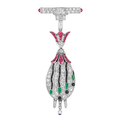 Lot 555 - Art Deco Platinum, Diamond, Ruby, Emerald and Black Onyx Lapel Watch