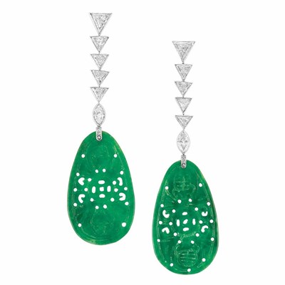 Lot 439 - Pair of Diamond and Carved Jade Pendant-Earrings
