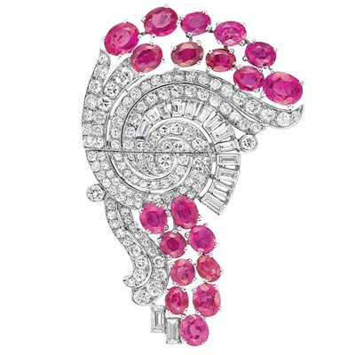 Lot 552 - Platinum, Ruby and Diamond Clip-Brooch