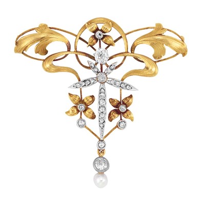 Lot 107 - Art Nouveau Gold, Platinum, Diamond and Pearl  Brooch