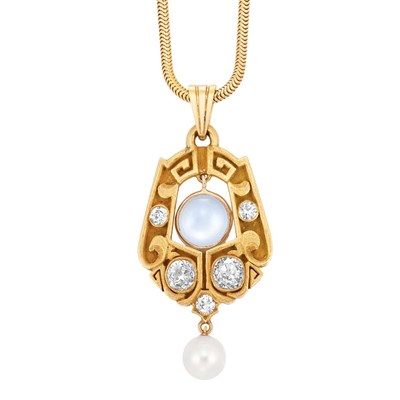 Lot 496 - Arts and Crafts Gold, Diamond, Moonstone and Pearl Pendant with Gold Snake Chain