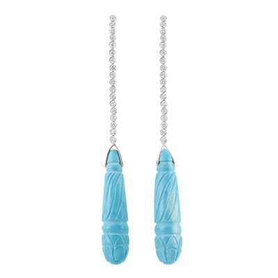 Lot 259 - Pair of Diamond and Carved Turquoise Pendant-Earrings