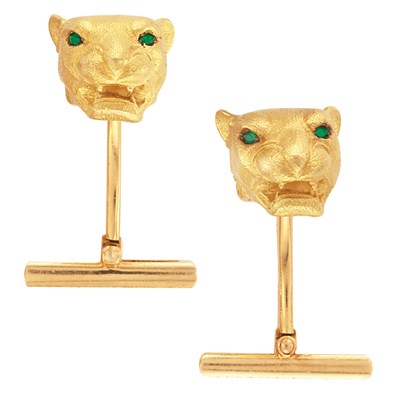 Lot 296 - Pair of Gold and Emerald Panther Head Cufflinks