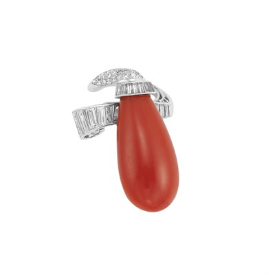 Lot 280 - Platinum, Oxblood Coral and Diamond Ring