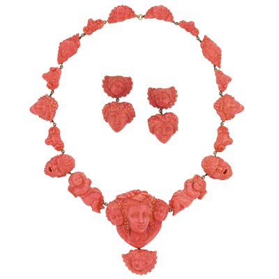 Lot 343 - Antique Carved Coral Necklace and Pair of Pendant-Earrings