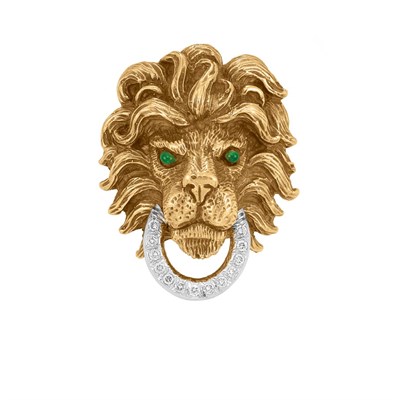 Lot 125 - Gold, Diamond and Green Enamel Lion Head Clip-Brooch