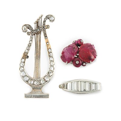 Lot 163 - Diamond Harp Pin and Two Carved Ruby and Diamond Clasps