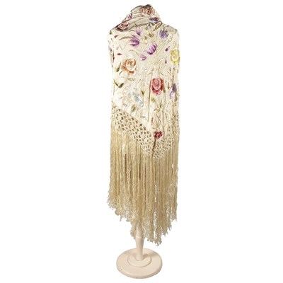 Lot 1086 - Ivory Silk Spanish Shawl With polychrome...