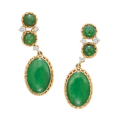 Lot 457 - Pair of Gold, Jade and Diamond Pendant-Earclips