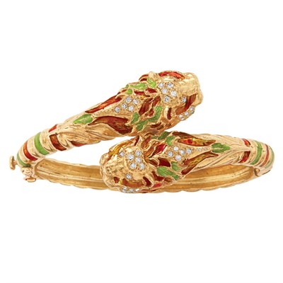 Lot 63 - Gold, Enamel and Diamond Animal Head Crossover Bangle Bracelet