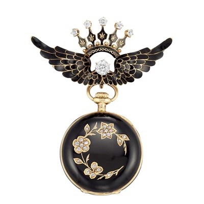 Lot 31 - Antique Gold, Black Enamel and Diamond Lapel Watch