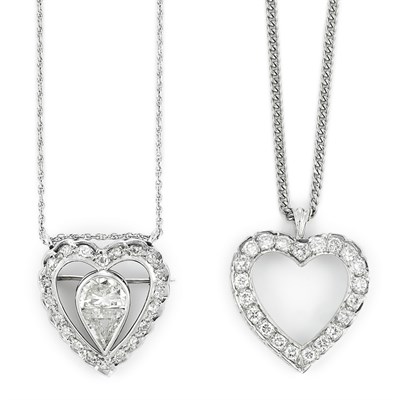 Lot 773 - White Gold and Diamond Heart Pendant and Pendant-Brooch with Chains