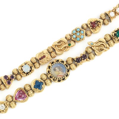 Lot 742 - Two Gold and Gem-Set Ornament Bracelets