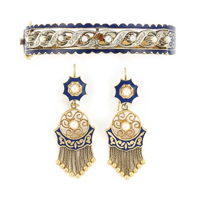 Lot 156 - Gold, Enamel, Diamond and Cultured Pearl Bangle Bracelet and Pair of Fringe Earrings