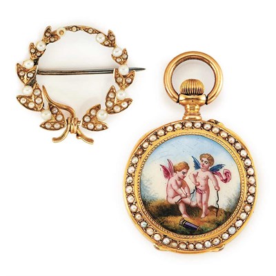 Lot 361 - Antique Enamel and Split Pearl Pendant-Watch and Wreath Pin