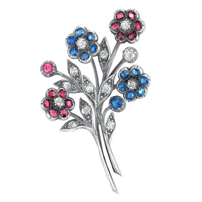 Lot 226 - Antique Silver, Gold, Ruby, Sapphire and Diamond Floret Brooch