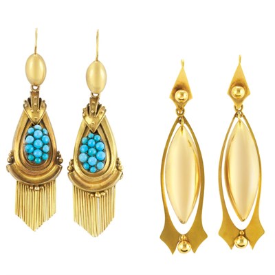 Lot 34 - Pair of Antique Gold Pendant-Earrings and Gold and Turquoise Fringe Earrings