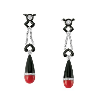 Lot 255 - Pair of White Gold, Diamond, Black Enamel and Oxblood Coral Pendant-Earrings