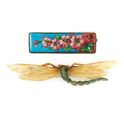 Lot 451 - Art Nouveau Carved Glass Dragonfly Brooch and Enamel Bar Brooch