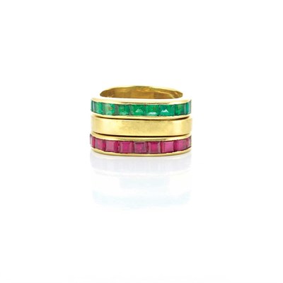 Lot 738 - Three Gold, Ruby and Emerald Rings