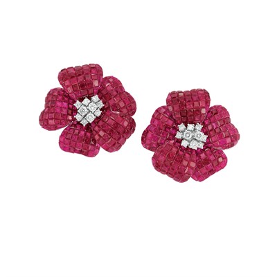 Lot 97 - Pair of Invisibly-Set Ruby and Diamond Flower Earclips