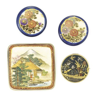 Lot 869 - Japanese Shakudo Pin and Antique Hand Painted Porcelain Earclips and Brooch