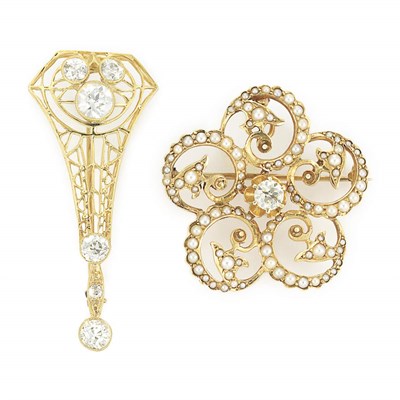 Lot 718 - Gold, Split Pearl and Diamond Pin and Diamond Pin