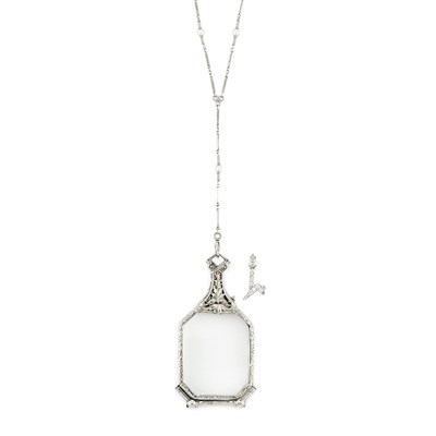 Lot 395 - Platinum and Pearl Chain with White Gold Lorgnette and Diamond Tie Tac