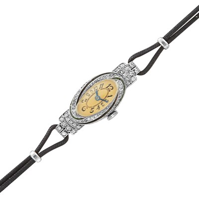 Lot 279 - Art Deco Platinum, Diamond, Onyx and Emerald Wristwatch
