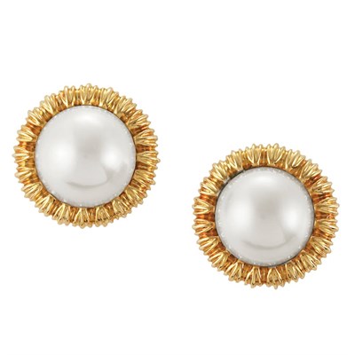 Lot 237 - Pair of Gold and Mabe Pearl Earclips, Tiffany & Co.