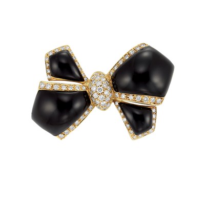 Lot 137 - Gold, Black Enamel and Diamond Bow Clip-Brooch