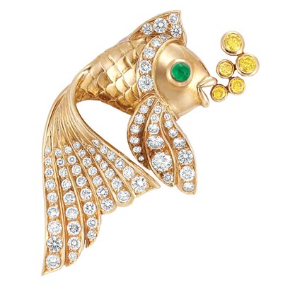 Lot 88 - Gold, Diamond, Yellow Diamond and Cabochon Emerald Fish Brooch
