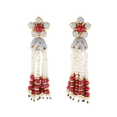 Lot 234 - Pair of Gold, Cabochon Ruby, Ruby Bead, Diamond and Cultured Pearl Fringe Earrings