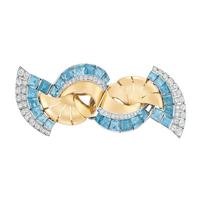 Lot 531 - Platinum, Gold, Aquamarine and Diamond Double Clip-Brooch