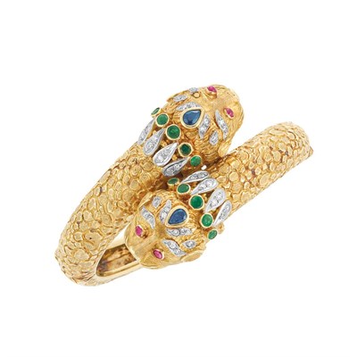 Lot 390 - Gold, Diamond and Gem-Set Animal Head Crossover Bangle Bracelet, Ilias Lalaounis