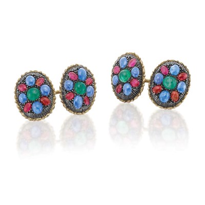 Lot 385 - Pair of Gold, Silver and Cabochon Colored Stone Cufflinks, Buccellati