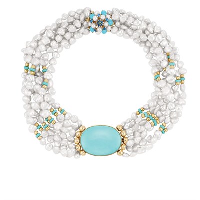 Lot 73 - Seven Strand Freshwater Pearl, Turquoise and Turquoise and Gold Bead Torsade Necklace