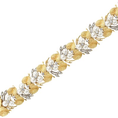 Lot 75 - Gold, Cultured Pearl and Diamond Bracelet