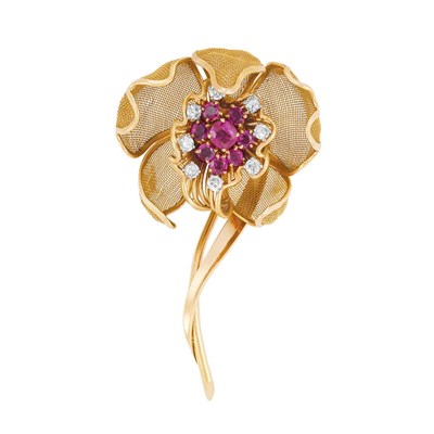 Lot 471 - Gold, Ruby and Diamond Mesh Flower Clip-Brooch
