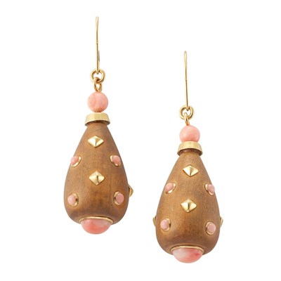 Lot 77 - Pair of Gold, Wood and Angel Skin Coral Pendant-Earrings, Trianon