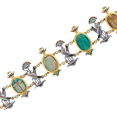 Lot 345 - Egyptian Revival Gold, Silver, Faience Scarab and Enamel Bracelet