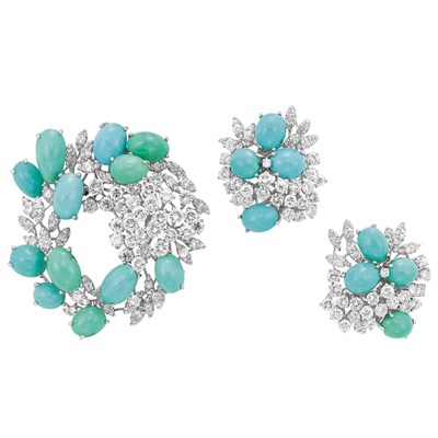 Lot 429 - Platinum, Diamond and Turquoise Cluster Clip-Brooch and Pair of Earrings