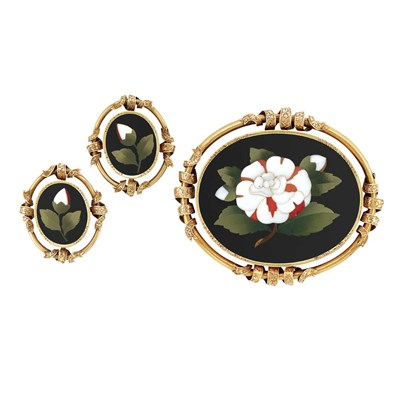 Lot 340 - Antique Gold and Pietra Dura Brooch and Pair of Earclips