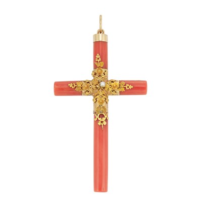 Lot 33 - Antique Gold, Coral and Pearl Cross Pendant