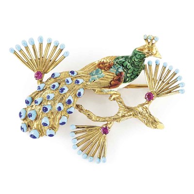 Lot 639 - Gold, Enamel and Ruby Peacock Brooch